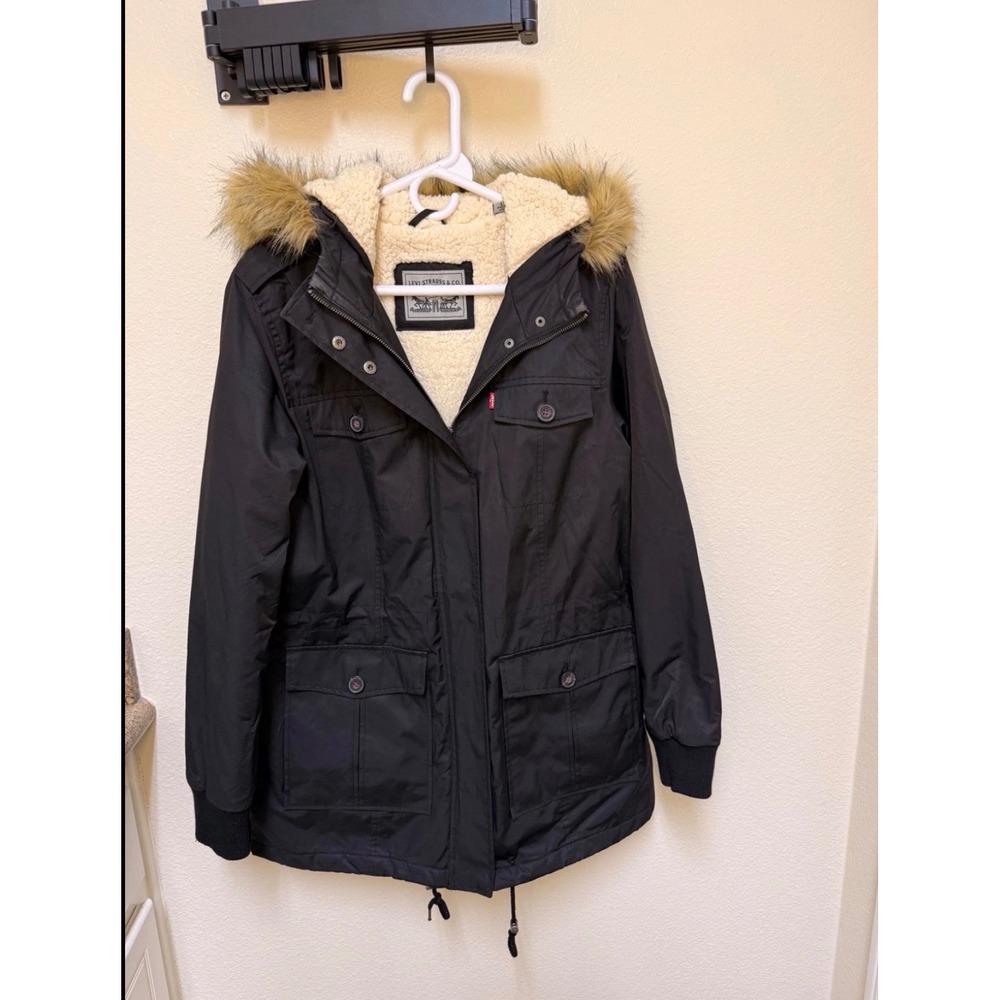Levis Womens Black Sherpa Lined Parka Jacket Faux Fur Hood Winter Coat Large